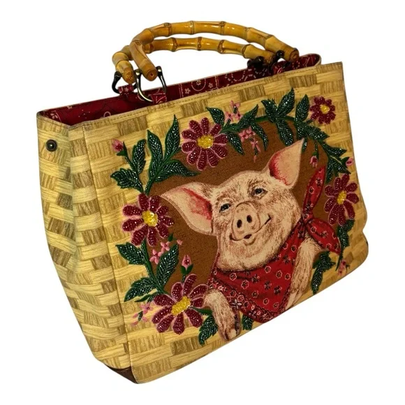 Vintage Isabella Fiore Handbags Bag Country Tan Beaded Pig Red Bandana Purse - Picture 5 of 8